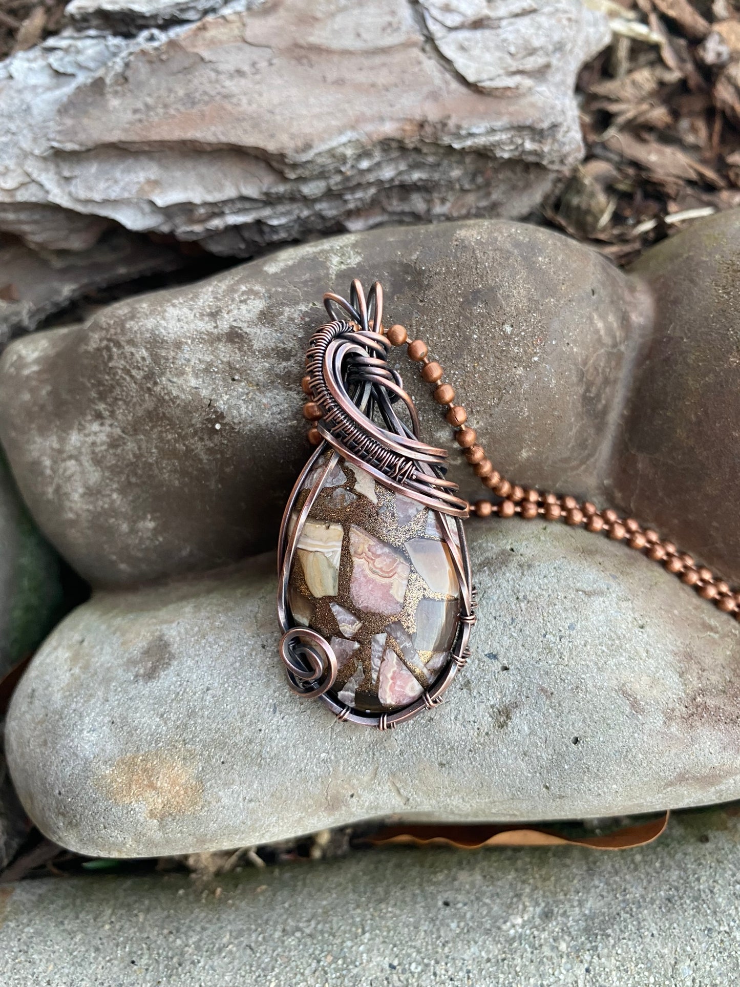 Pink and Copper Wire Wrapped Pendant | Unique Handmade Jewelry
