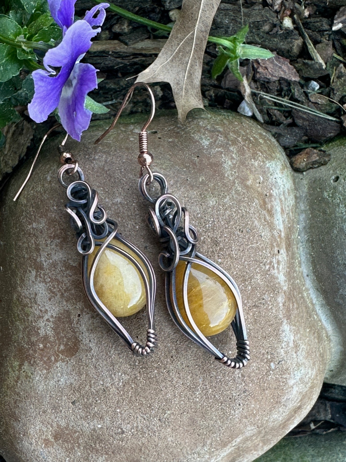 Handmade Wire Wrapped Yellow Earrings