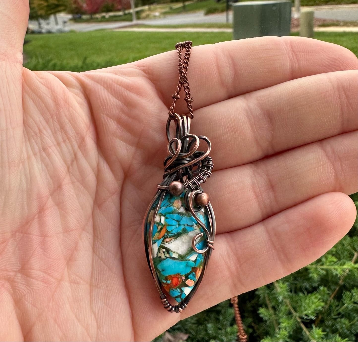 Handmade Wire Wrapped Copper Turquoise Mohave Teardrop Pendant