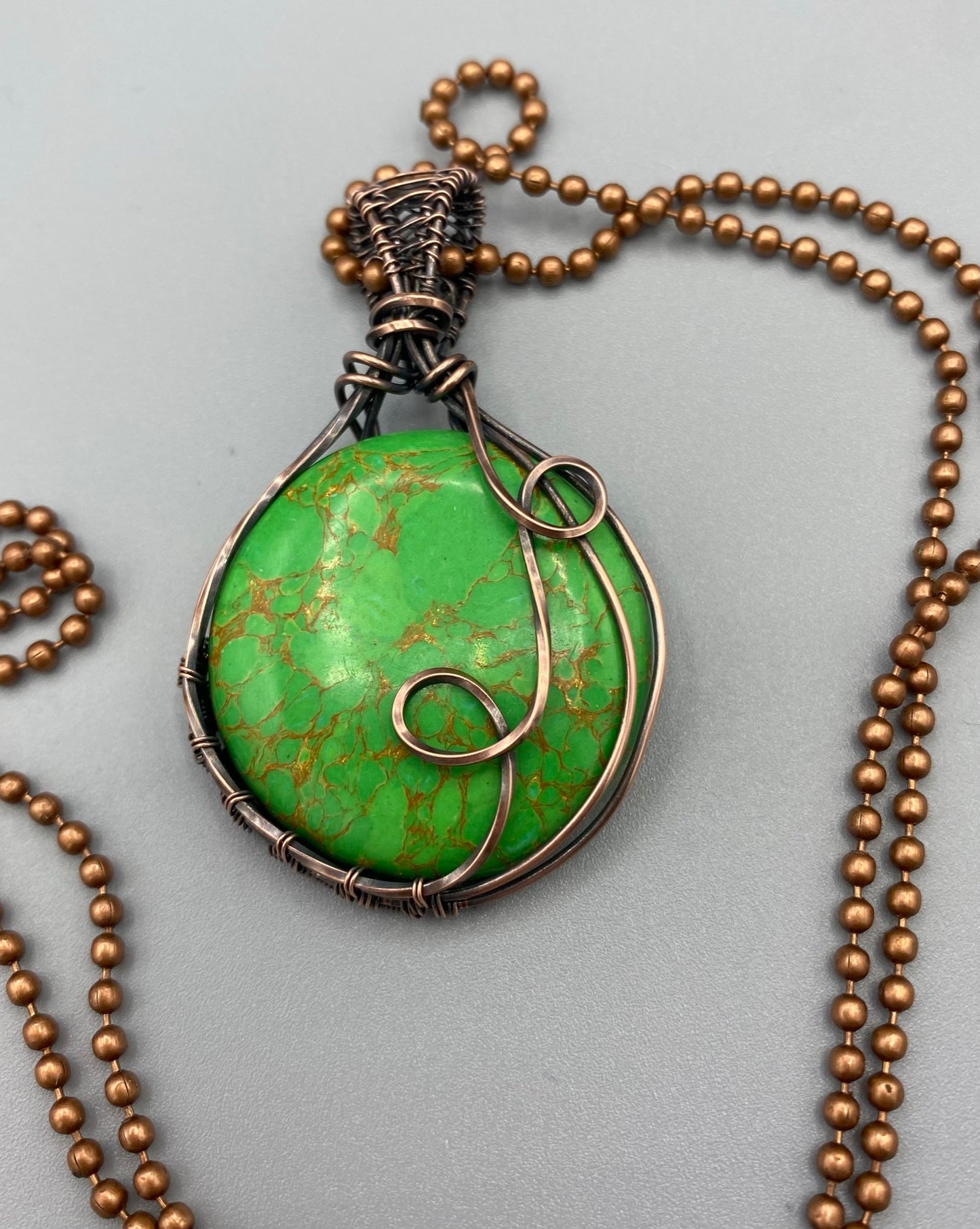 Green Copper Turquoise Wire Wrapped Pendant | Round Handmade Jewelry