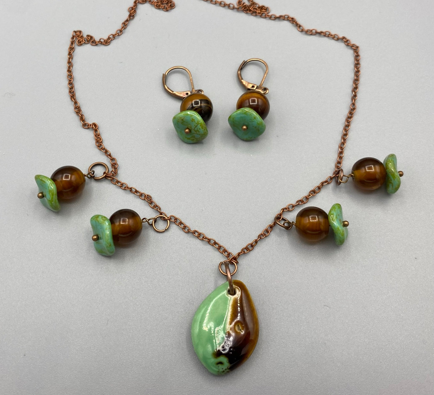 Matching Green and Brown Necklace and Earring Set | Handmade Tiger's Eye Necklace