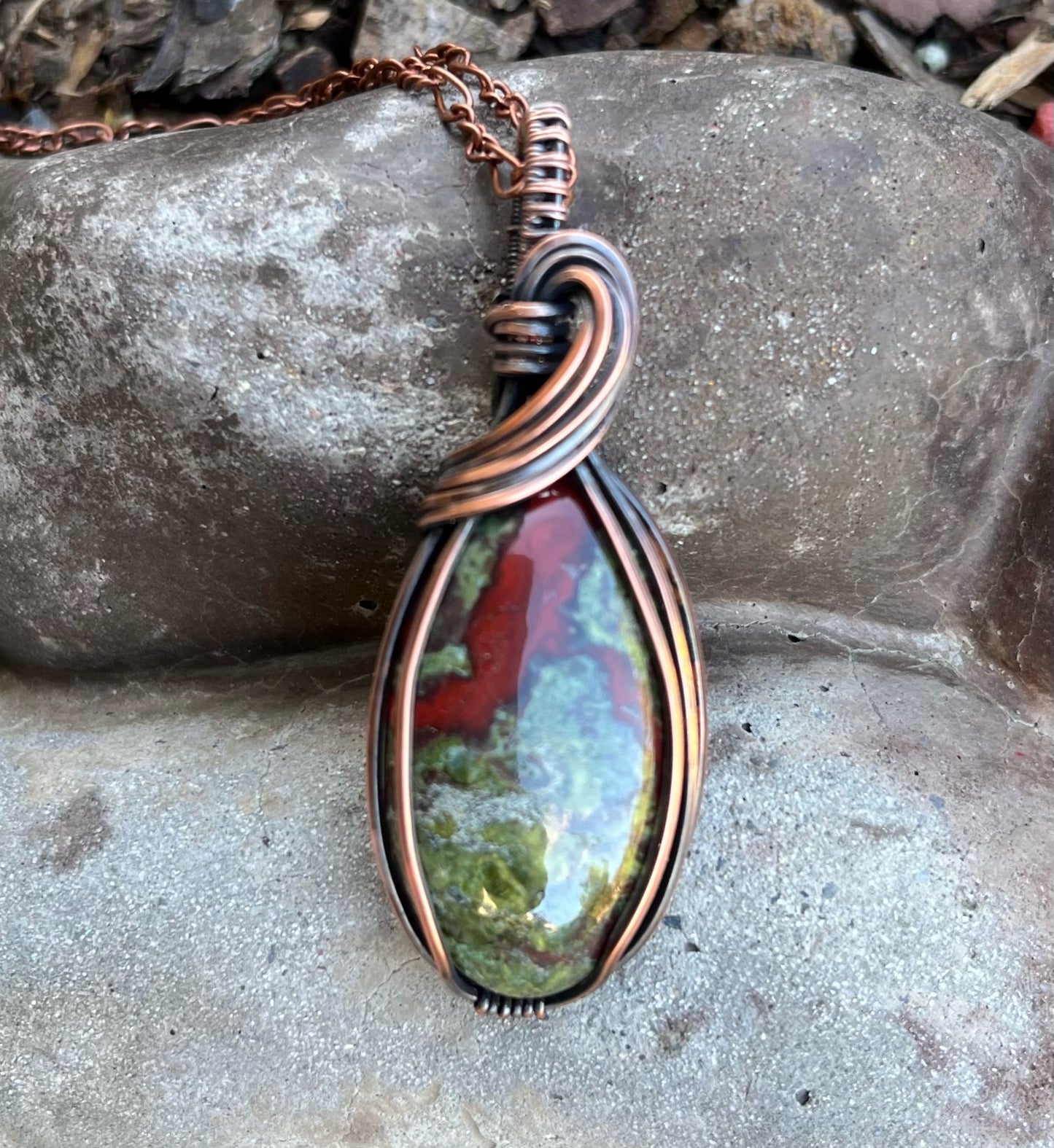 Unisex Oval Dragon Blood Stone Wire Wrapped Pendant