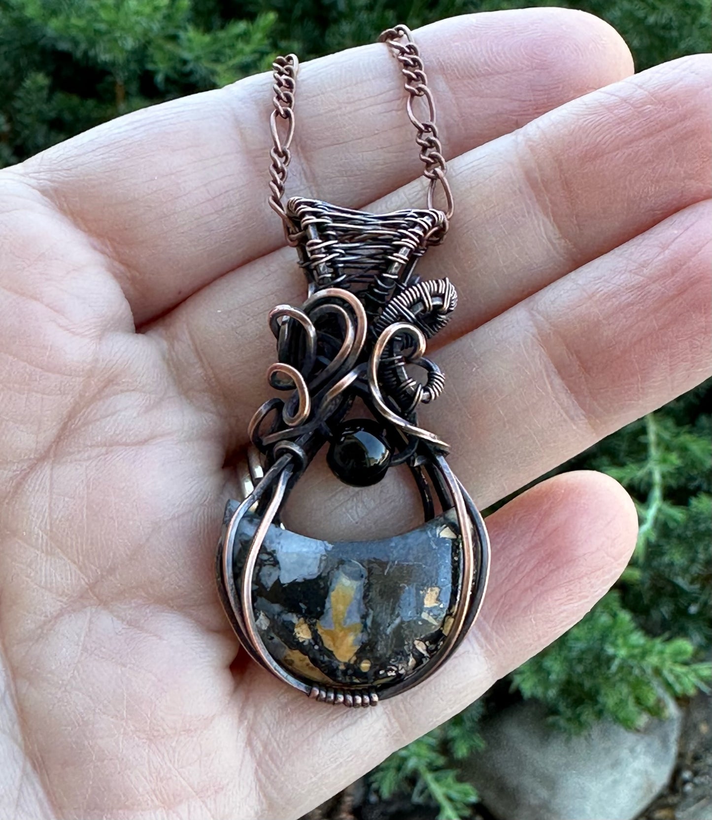 Mookaite Jasper Crescent Moon With Bead Handmade Wire Wrapped Pendant