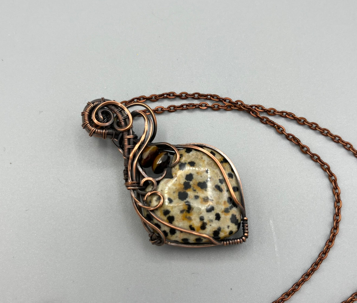 Natural Dalmation Jasper Heart Shaped Wire Wrapped Pendant