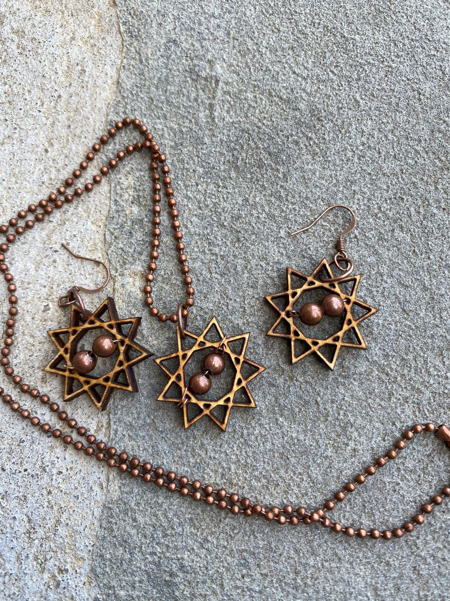 Nine Pointed Star Necklace And Earring Set With Copper Beads