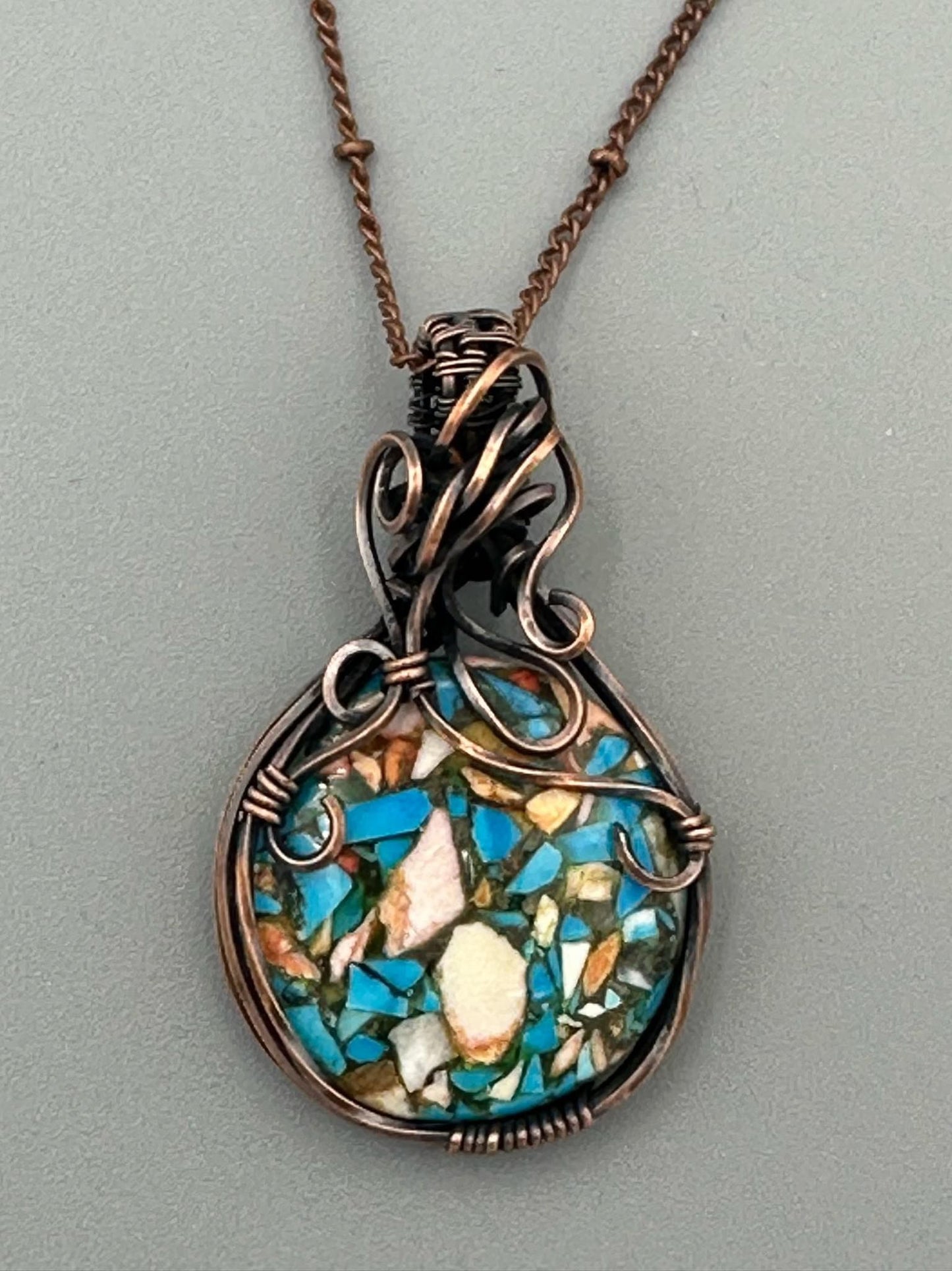 Round Copper Turquoise Mohave Handmade Wire Wrapped Pendant