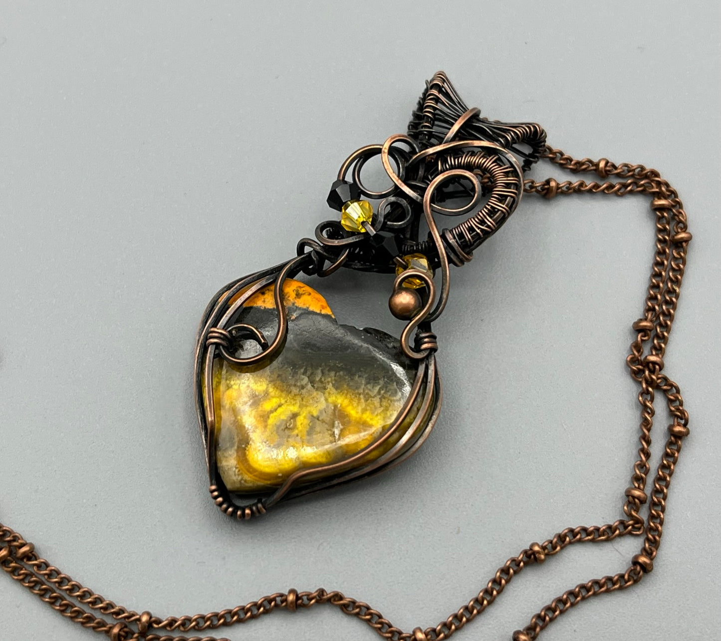 Bumble Bee Jasper Heart Pendant Wire Wrapped in Copper