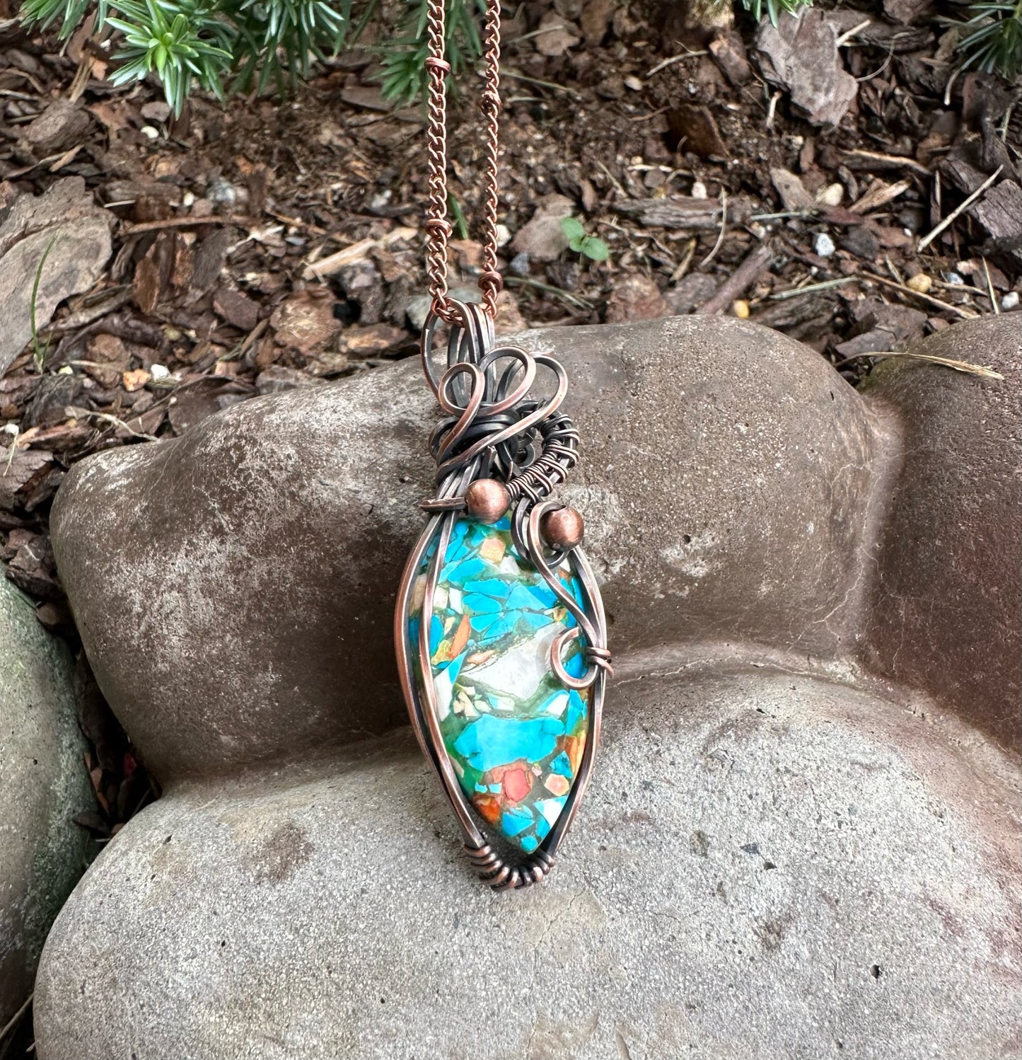 Handmade Wire Wrapped Copper Turquoise Mohave Teardrop Pendant