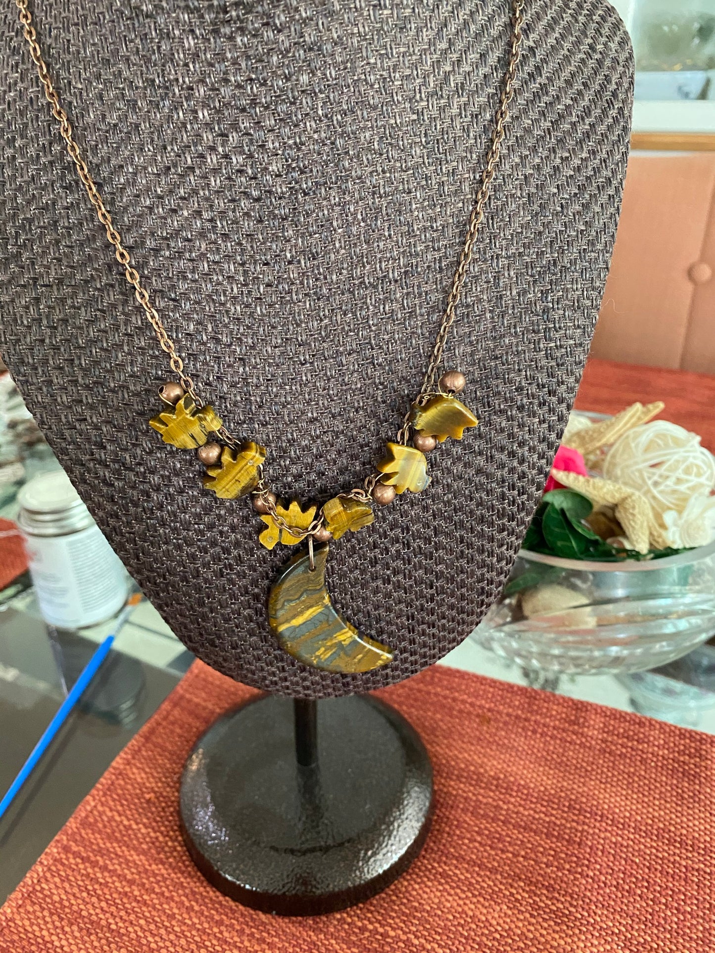 Tiger's Eye Moon and Birds Necklace and Earrings Set