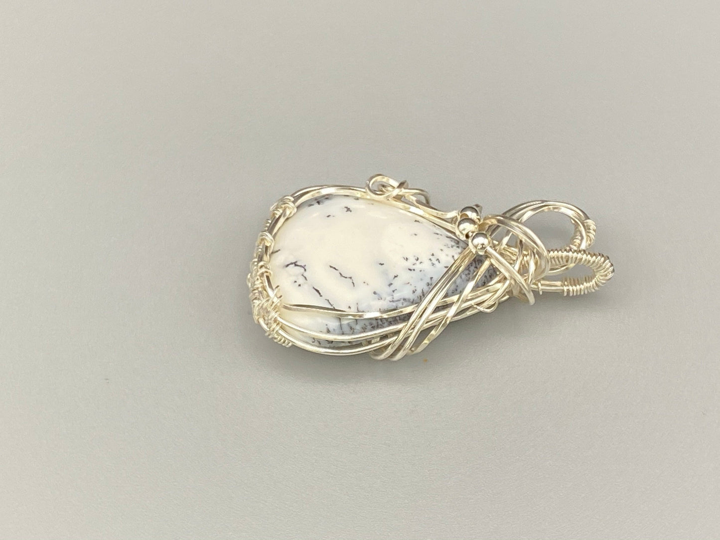 Wire Wrapped White Dendritic Agate Teardrop Pendant