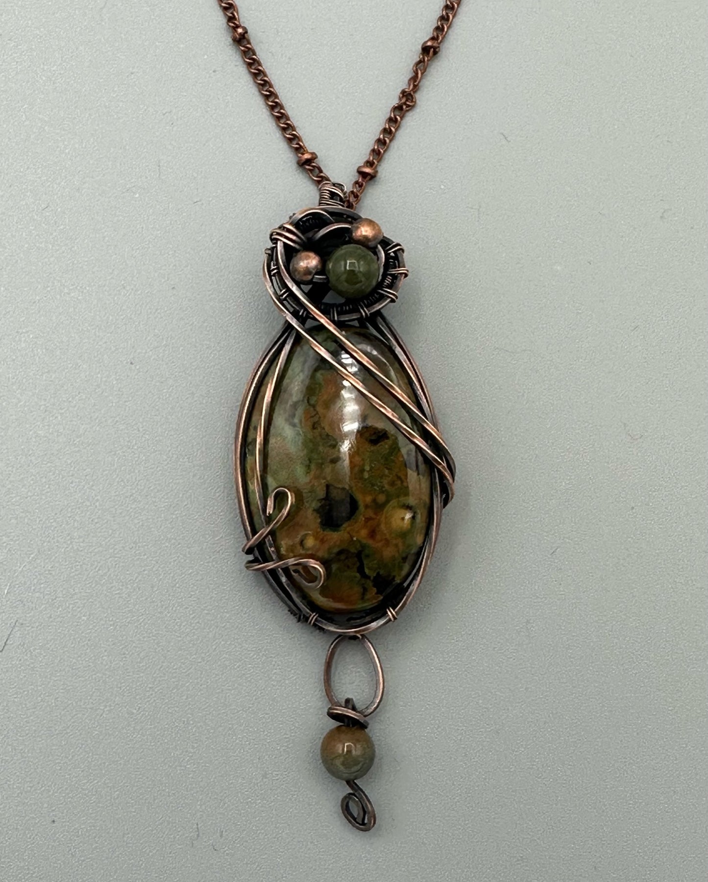 Oval Rhyolite With Bead Dangle Handmade Wire Wrapped Pendant