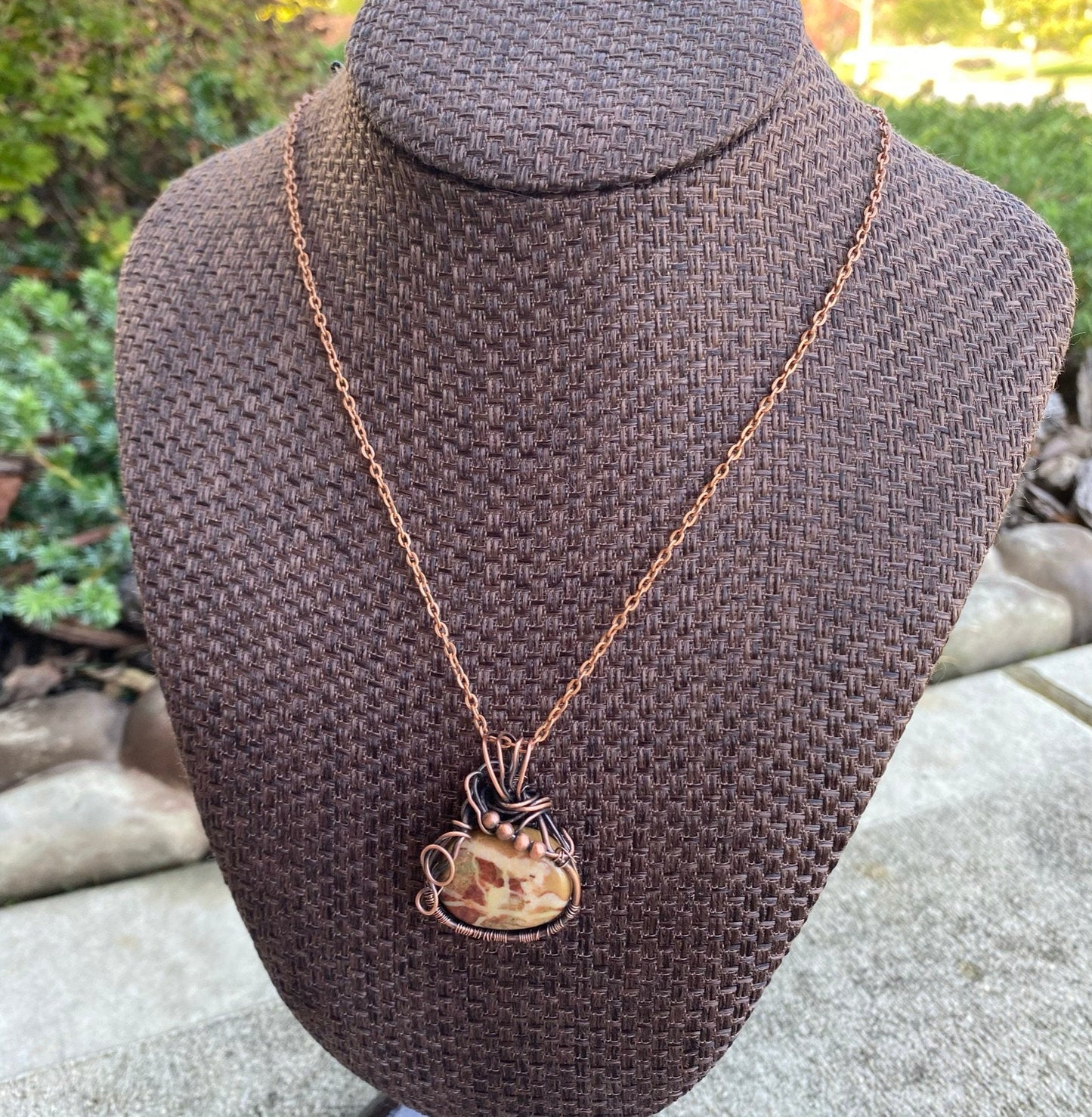 Wire Wrapped Oval Desert Jasper Pendant with Copper Beads