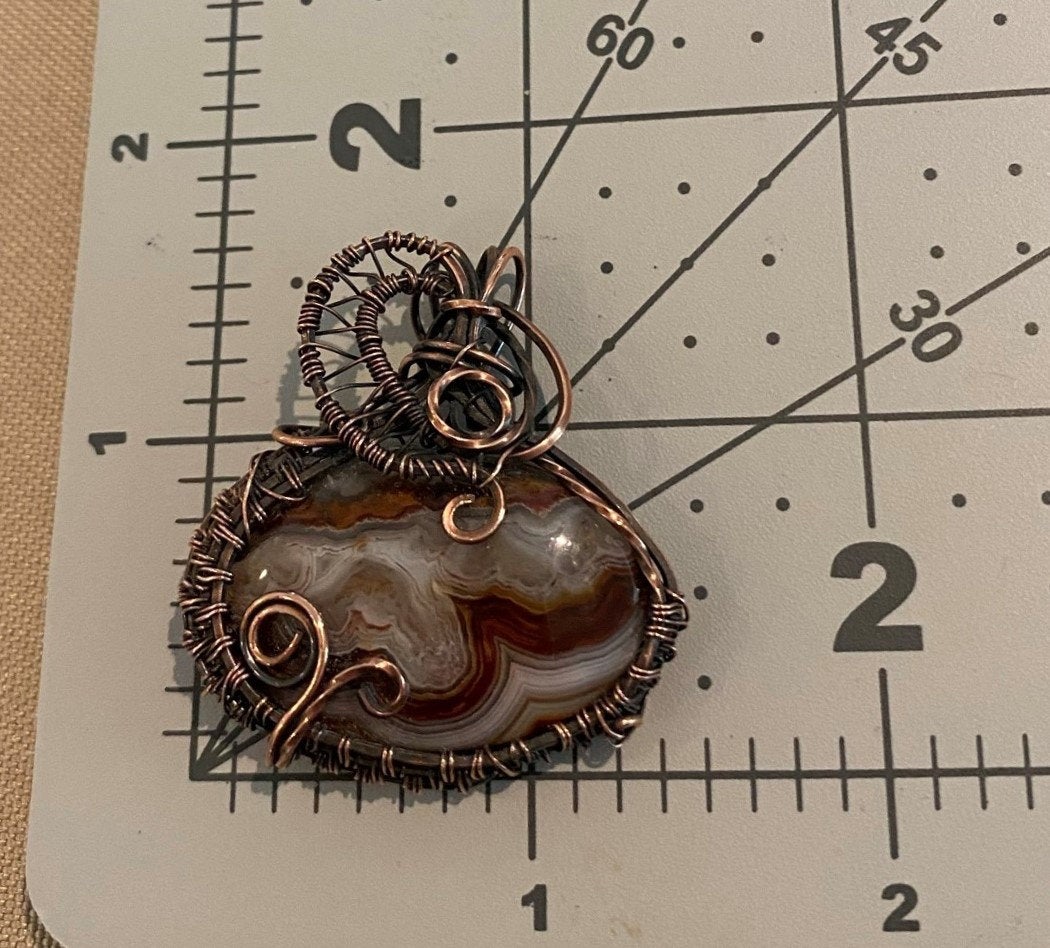 Earthy Mexican Oval Crazy Lace Agate Pendant, Wire Wrapped and Woven