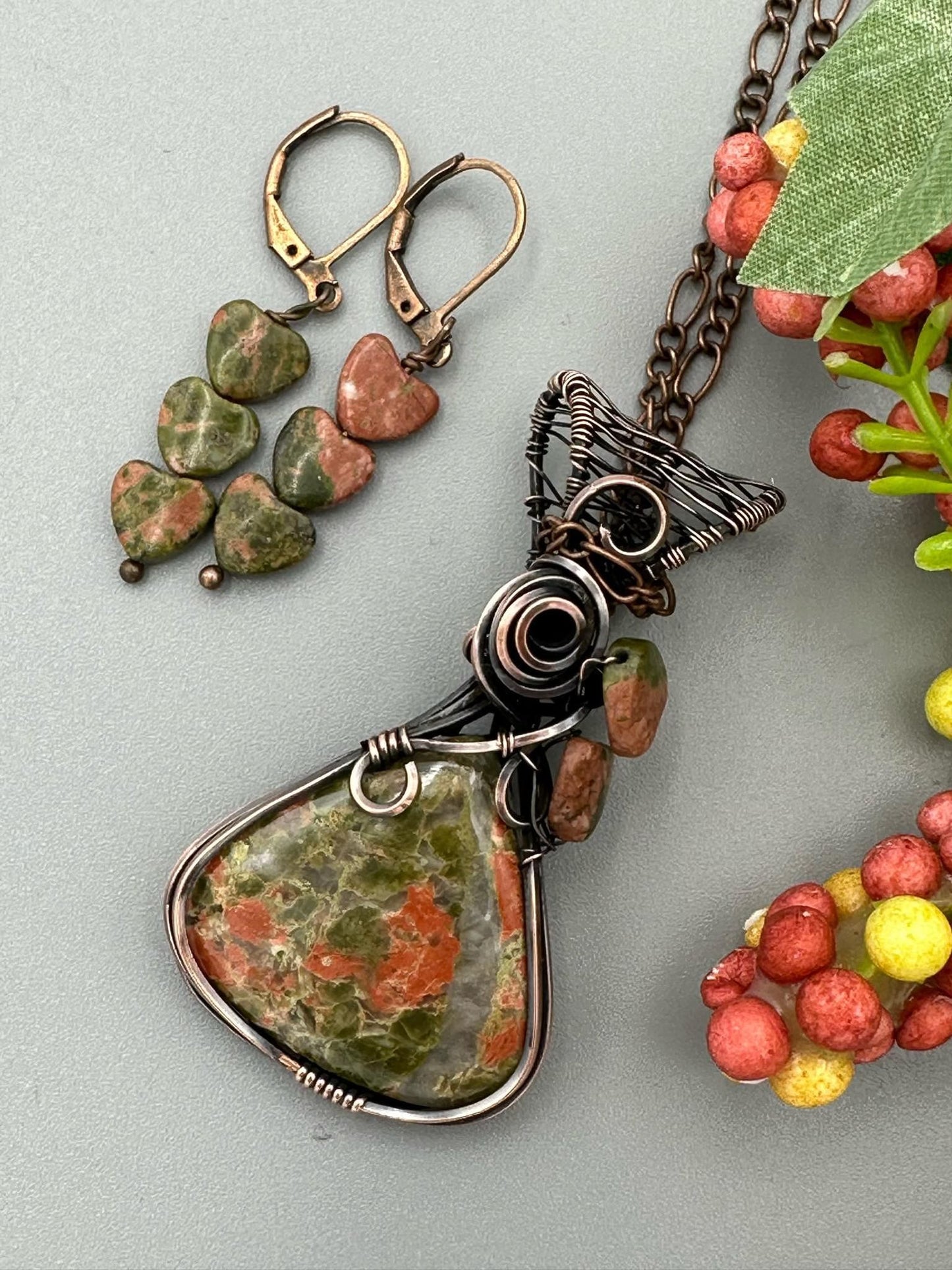 Unakite Handmade Jewelry Set With Heart Earrings
