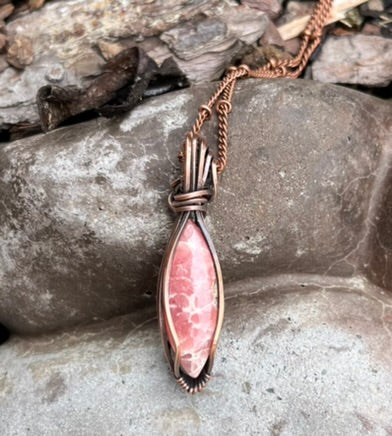 Wire Wrapped Rhodochrosite Marquise Shaped Pendant | Copper Wire Jewelry