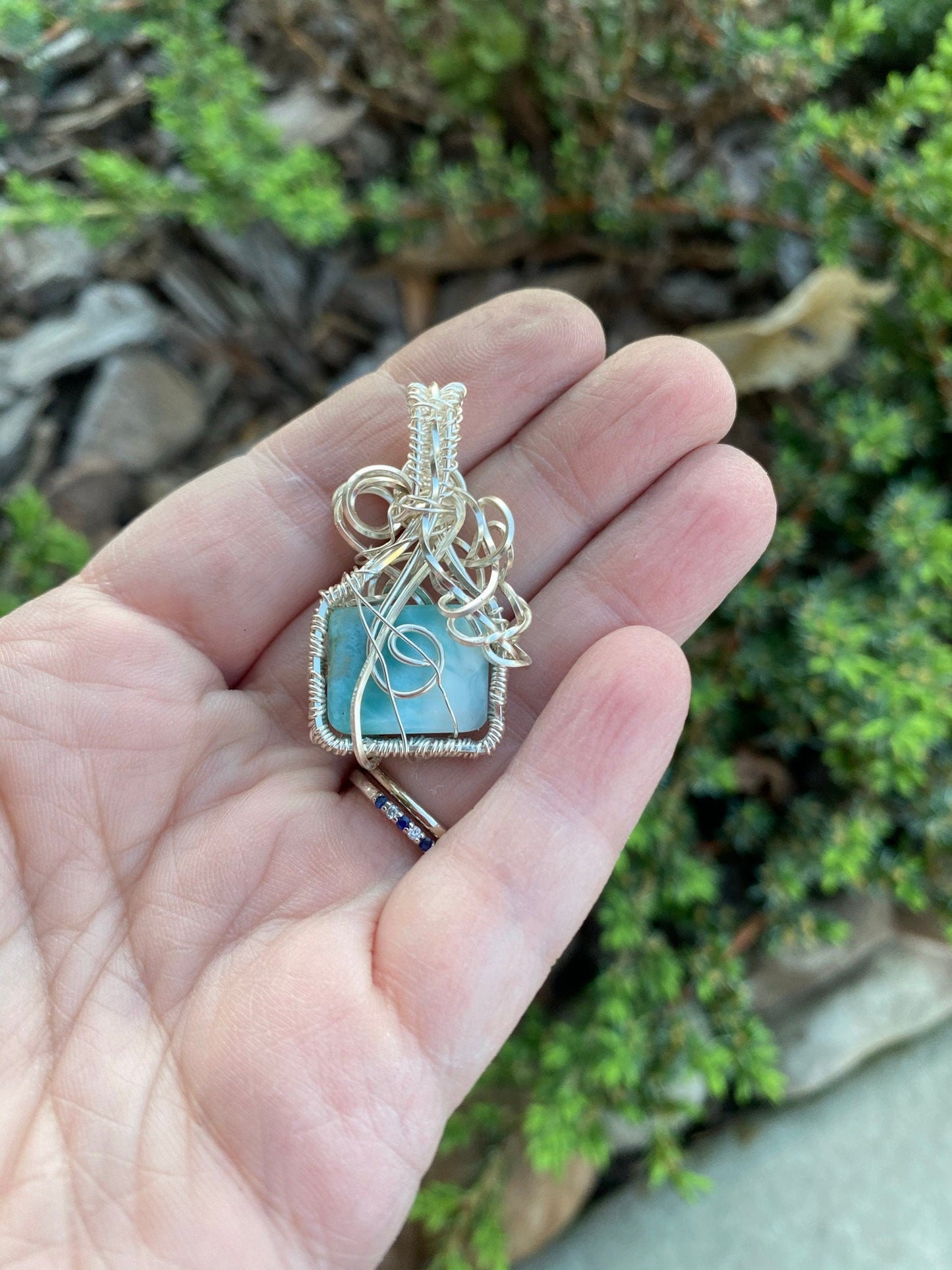 Square Larimar Wire Wrapped Pendant