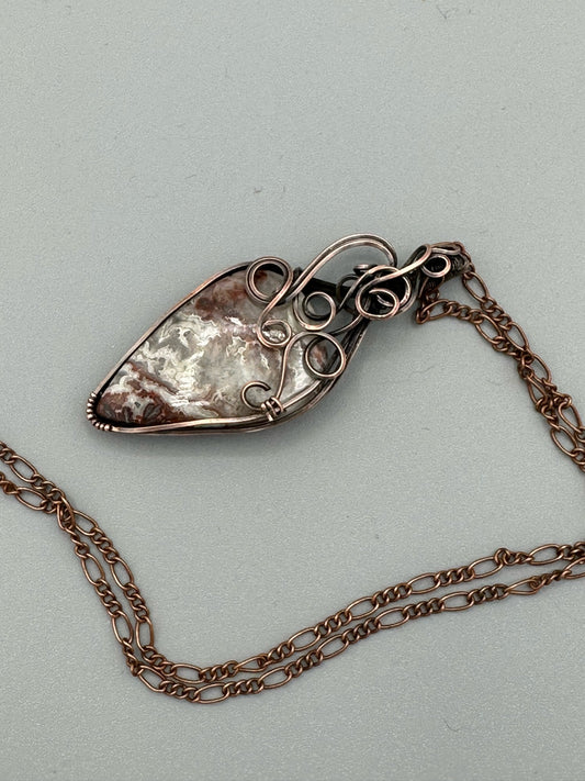 Teardrop Crazy Lace Copper Wire Wrapped Pendant