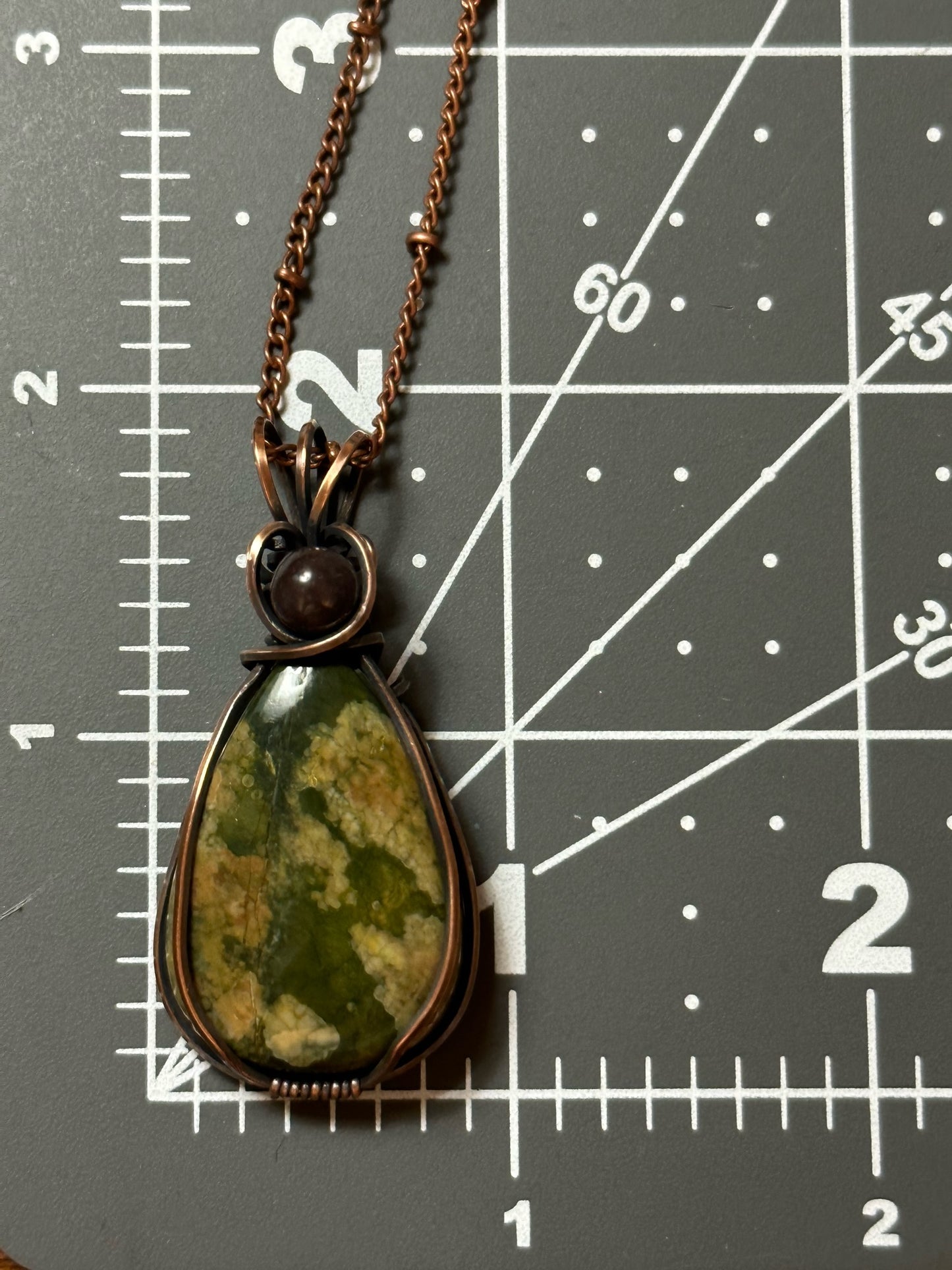 Rhyolite Teardrop With Brown Bead Wire Wrapped Pendant