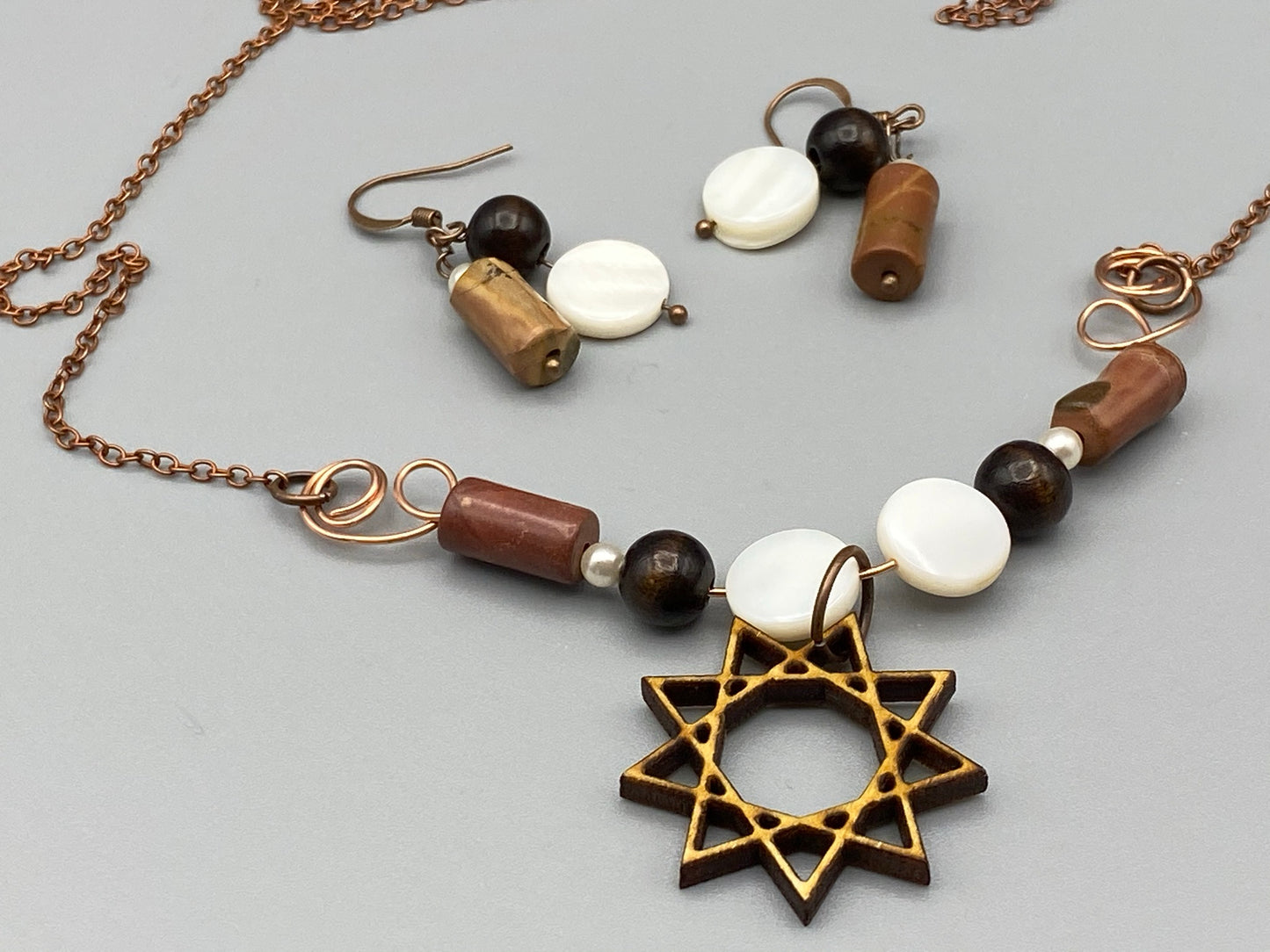 Nine Pointed Star Necklace and Earring Set with Beads and Wood