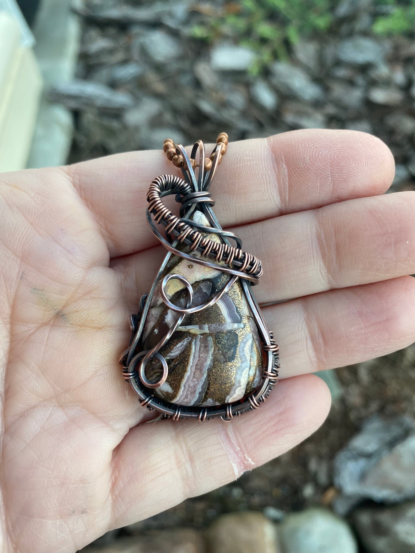 Unique Wire Wrapped Jewelry Pink And Copper Wire Wrapped Pendant