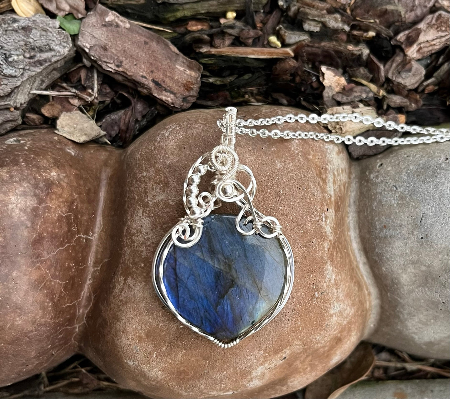 Bright Blue Labradorite Pear Shaped Wire Wrapped Pendant