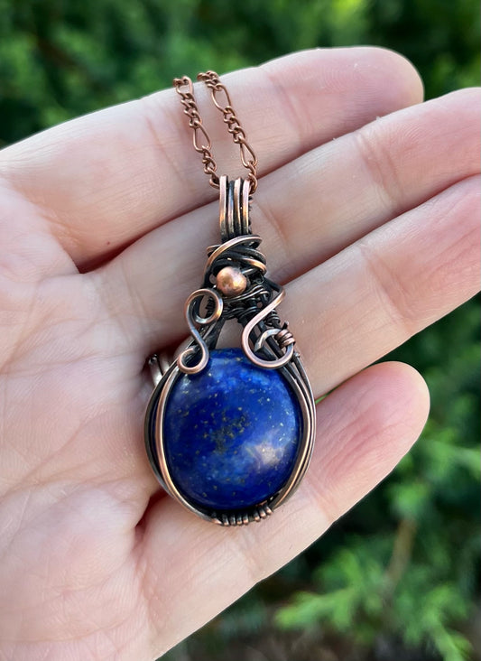 Round Sodalite With Copper Bead | Wire Wrapped Pendant Necklace