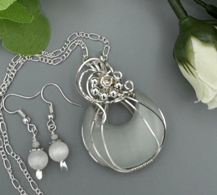Selenite Crescent Moon Pendant and Earrings Set | Wire Wrapped in Fine Silver