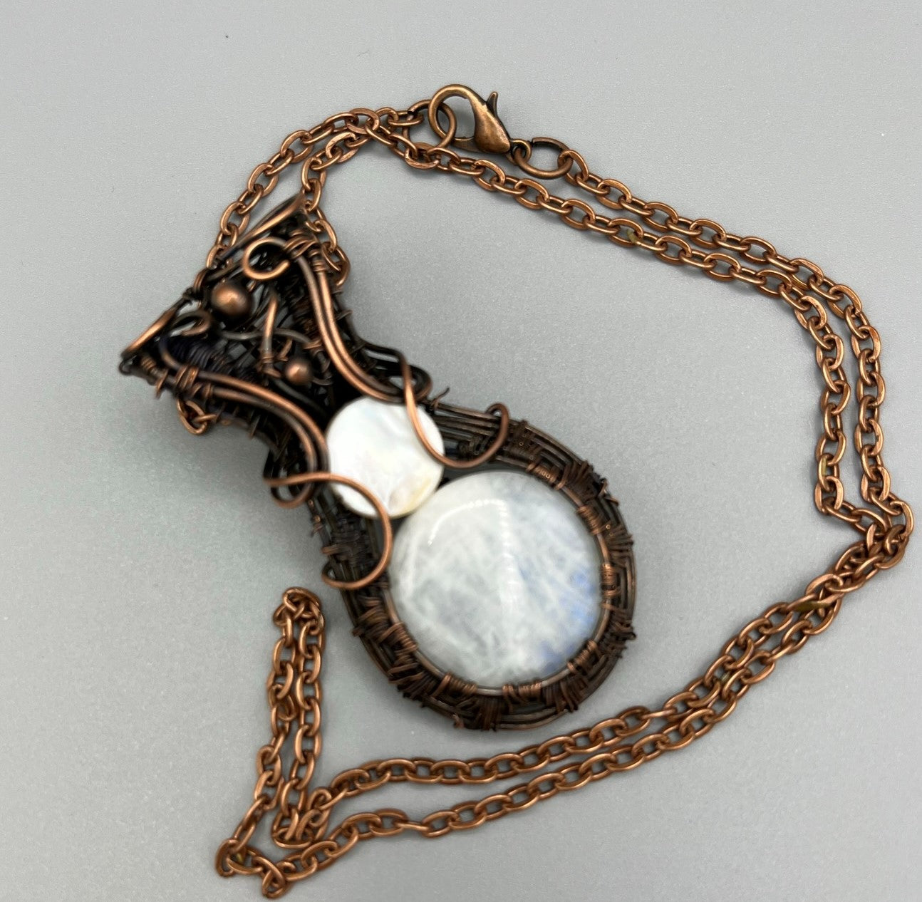 Round Moonstone Wire Wrapped in Antiqued Copper | Handmade Pendant