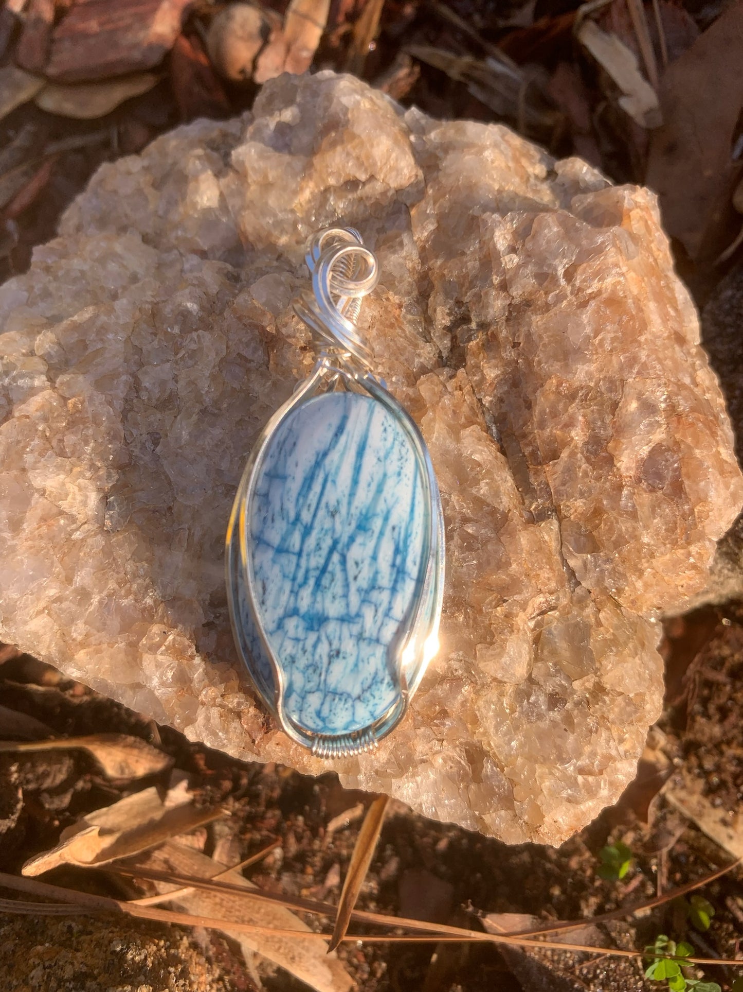 Blue Scolecite Oval Wire Wrapped Pendant