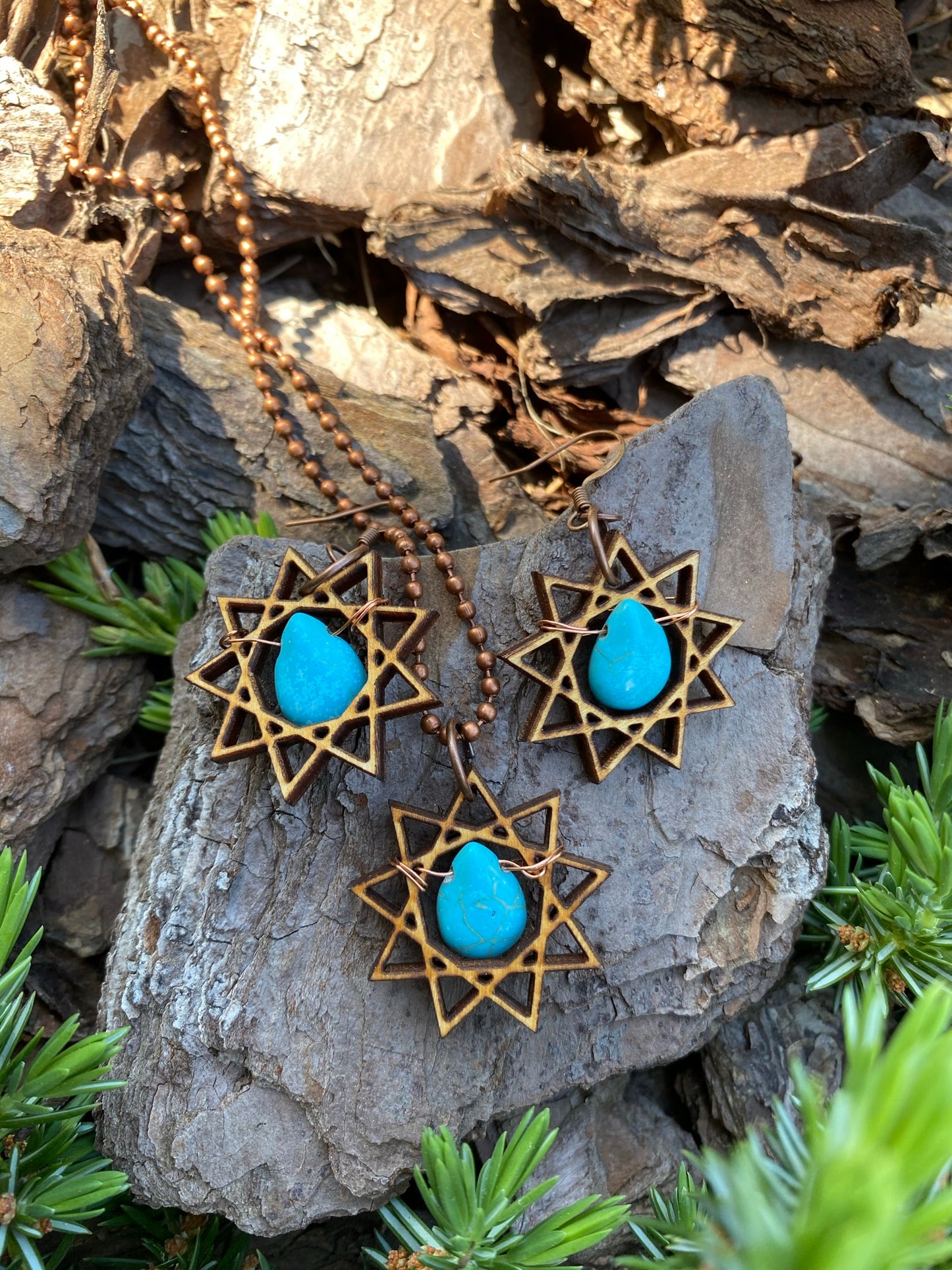Nine Pointed Star Necklace And Earring Set With Turquoise Beads