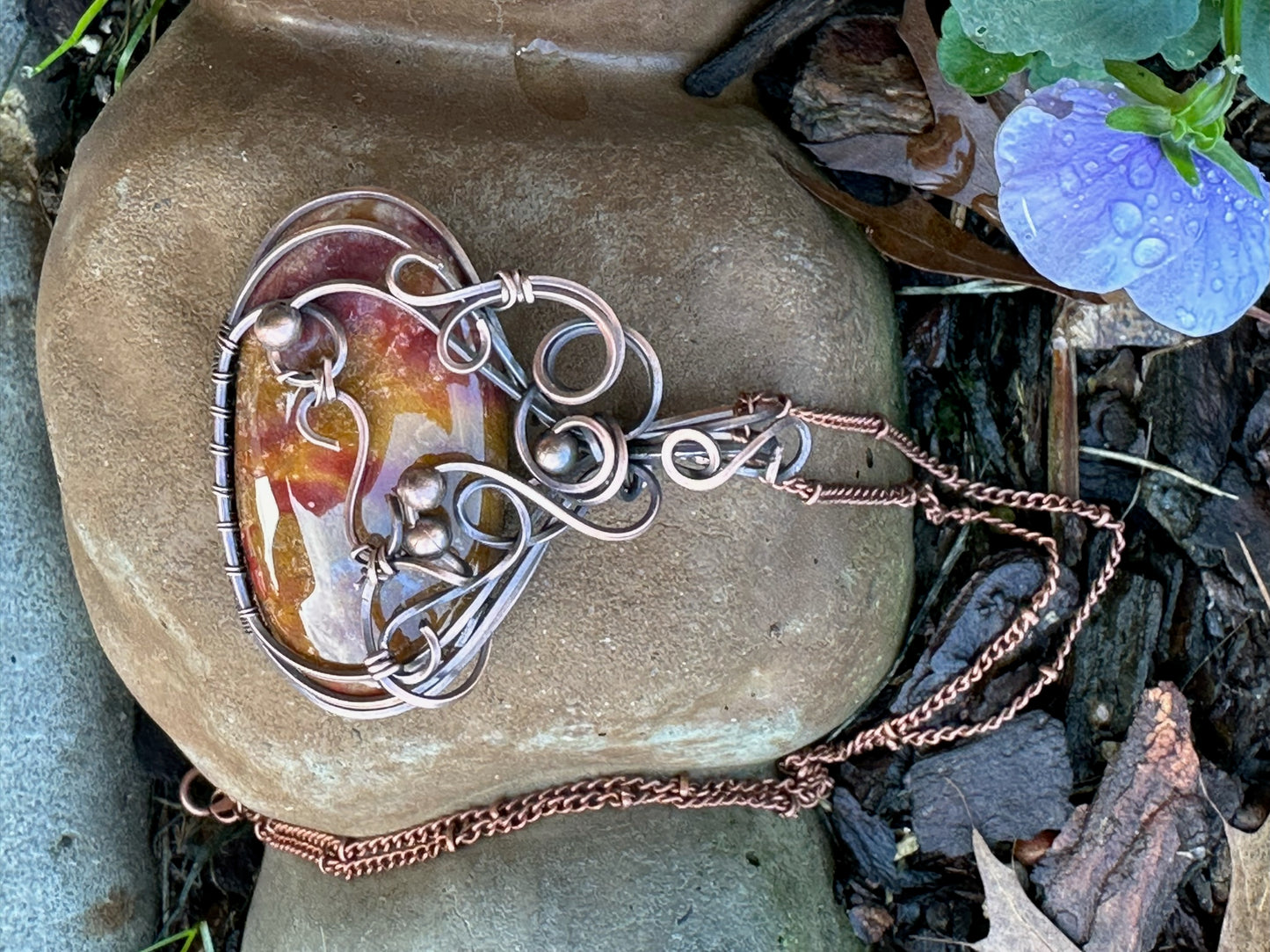 Autumn Colored Oval Swirly Handmade Wire Wrapped Pendant