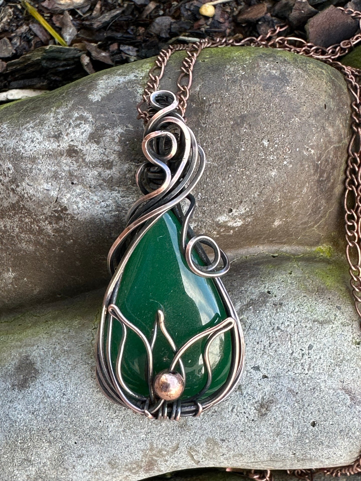 Nephrite Jade Teardrop Wire Wrapped with Lotus Motif Handmade Pendant