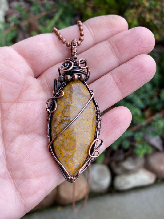 Fossilized Marquise Pendant Wire Wrapped in Copper Wire