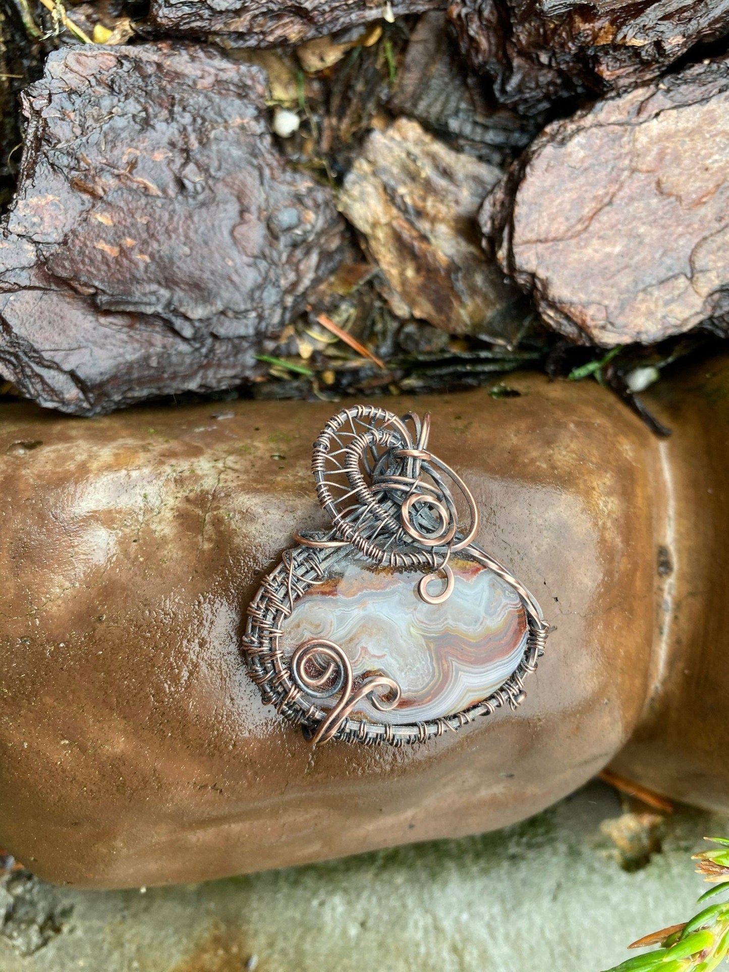 Earthy Mexican Oval Crazy Lace Agate Pendant, Wire Wrapped and Woven