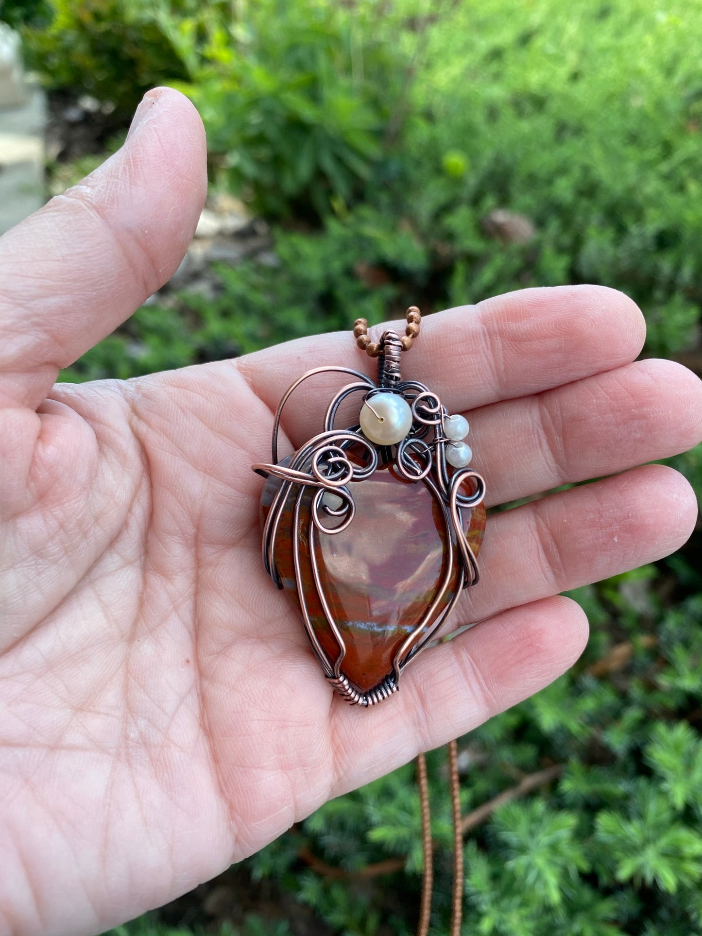 Heart Shaped Agate Pendant Wire Wrapped In Antique Copper