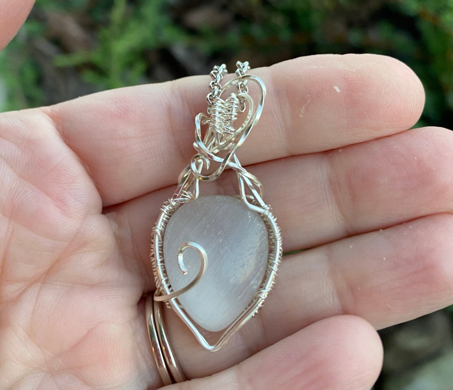 Wire Wrapped Natural Gray Cat's Eye, Chrysoberyl, Pear Pendant