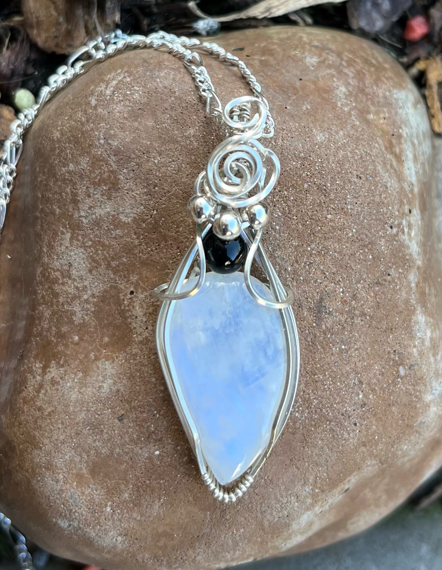 Irregularly Shaped Moonstone With Silver And Black Beads