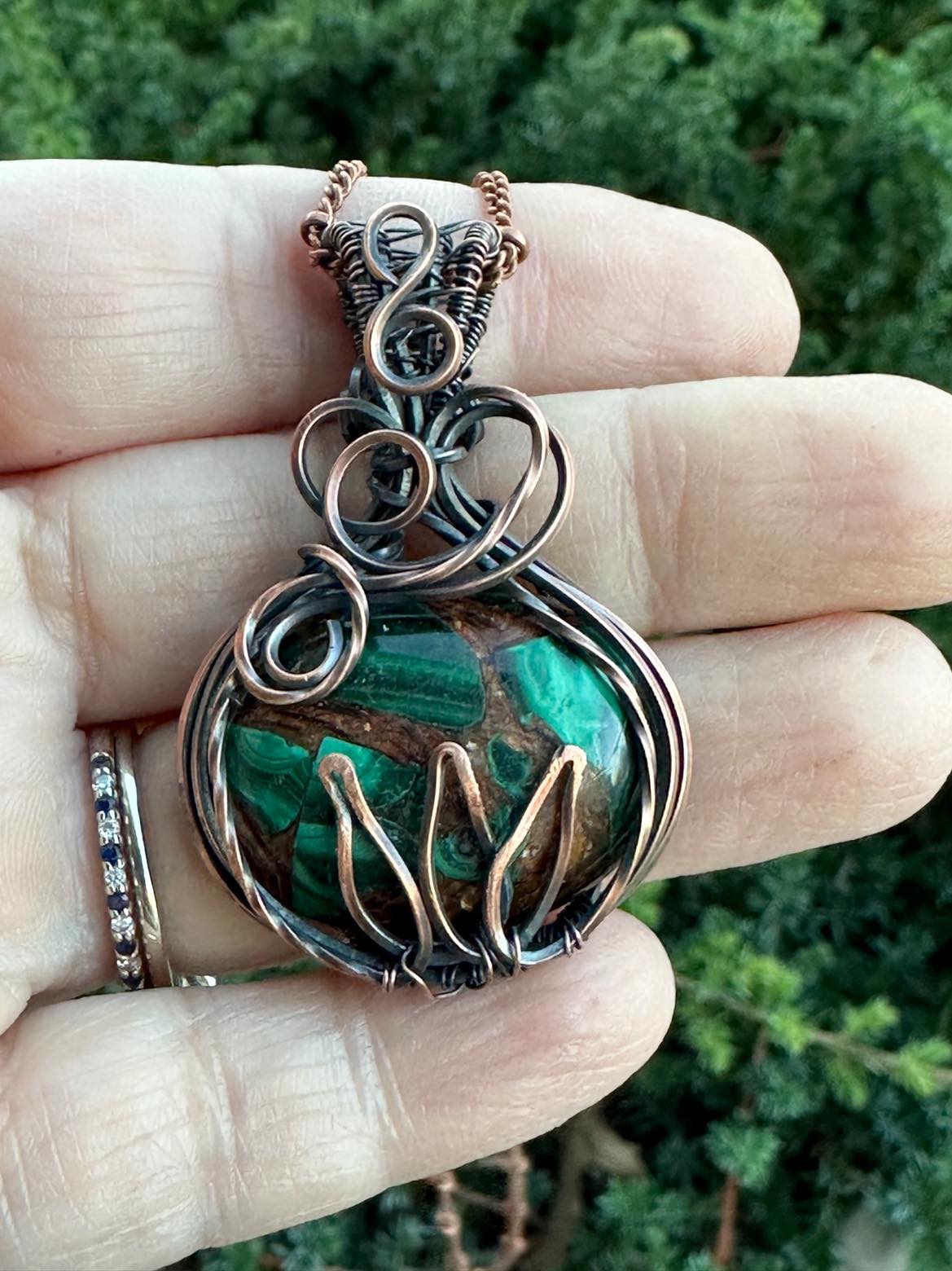 Handmade Wire Wrapped Copper Malachite Oval Shaped Pendant