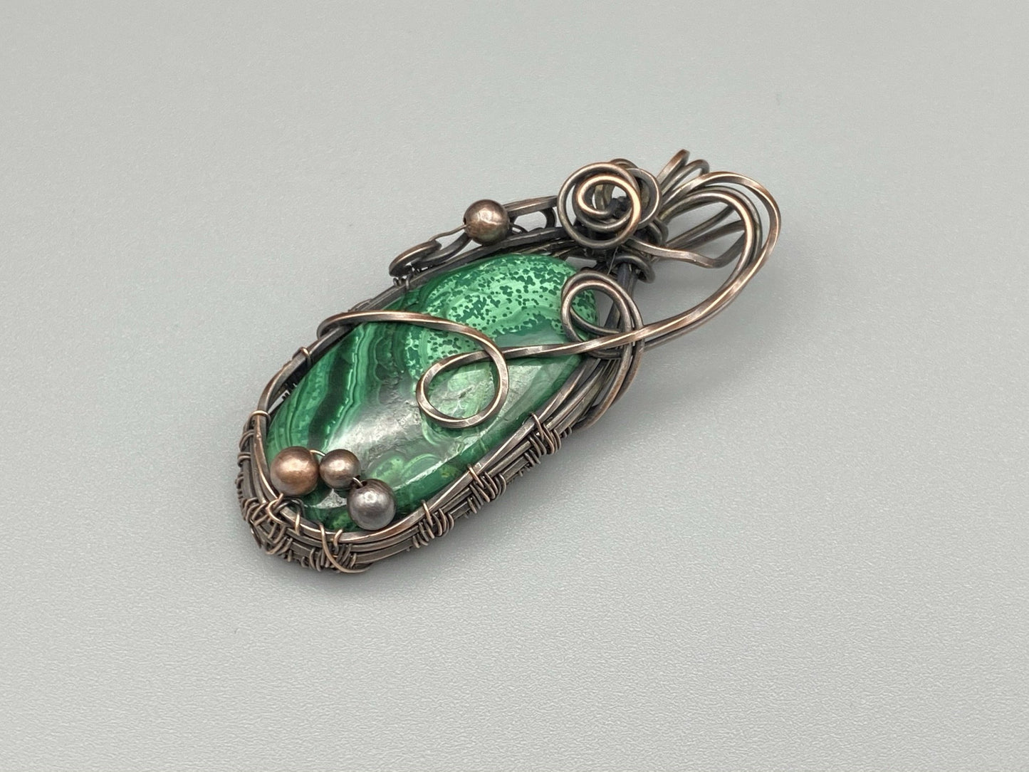 Malachite Wire Wrapped Pendant With Copper Bead Embellishments