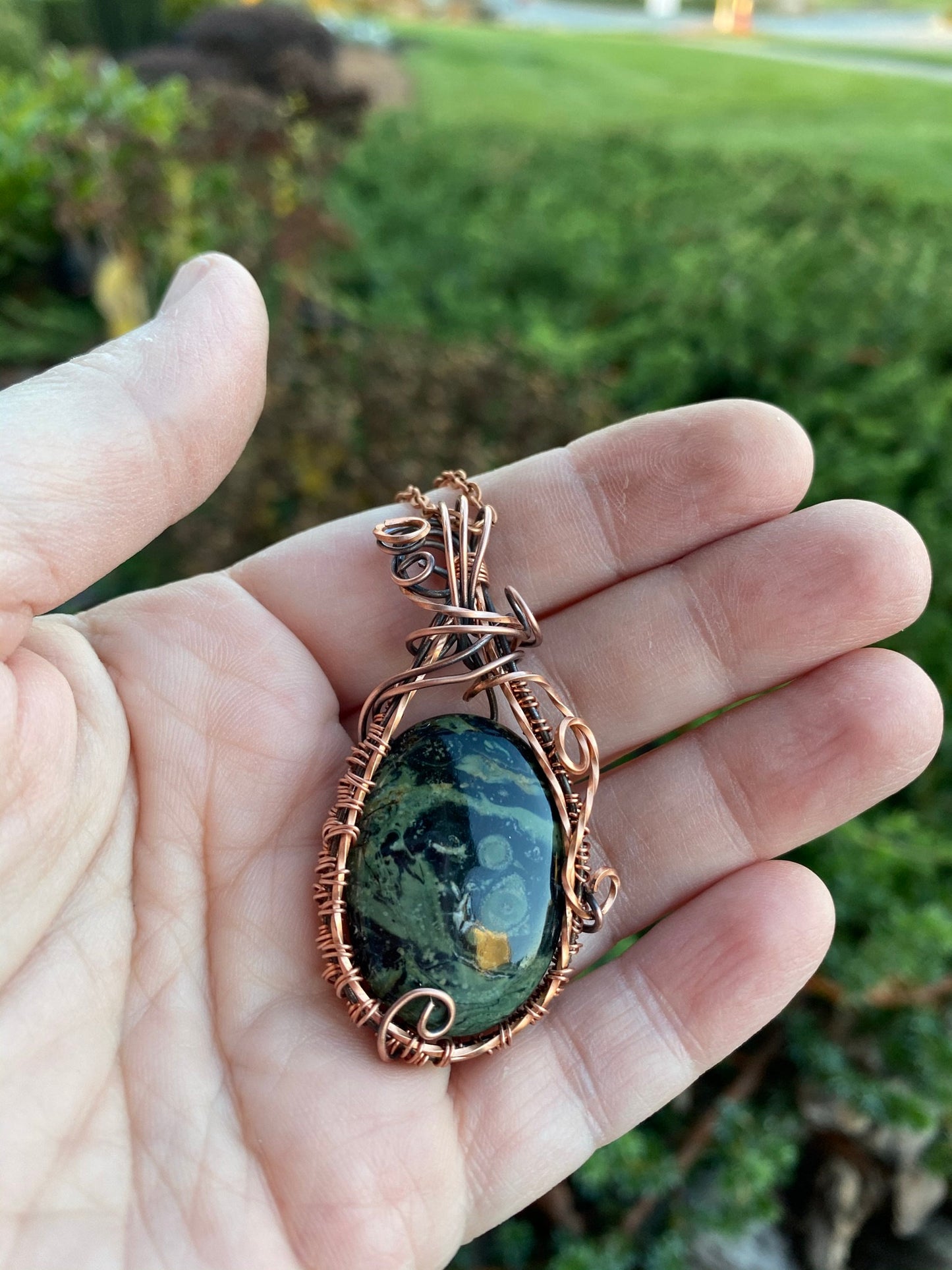 Natural Kambaba Jasper, Wire Wrapped and Woven Oval Pendant