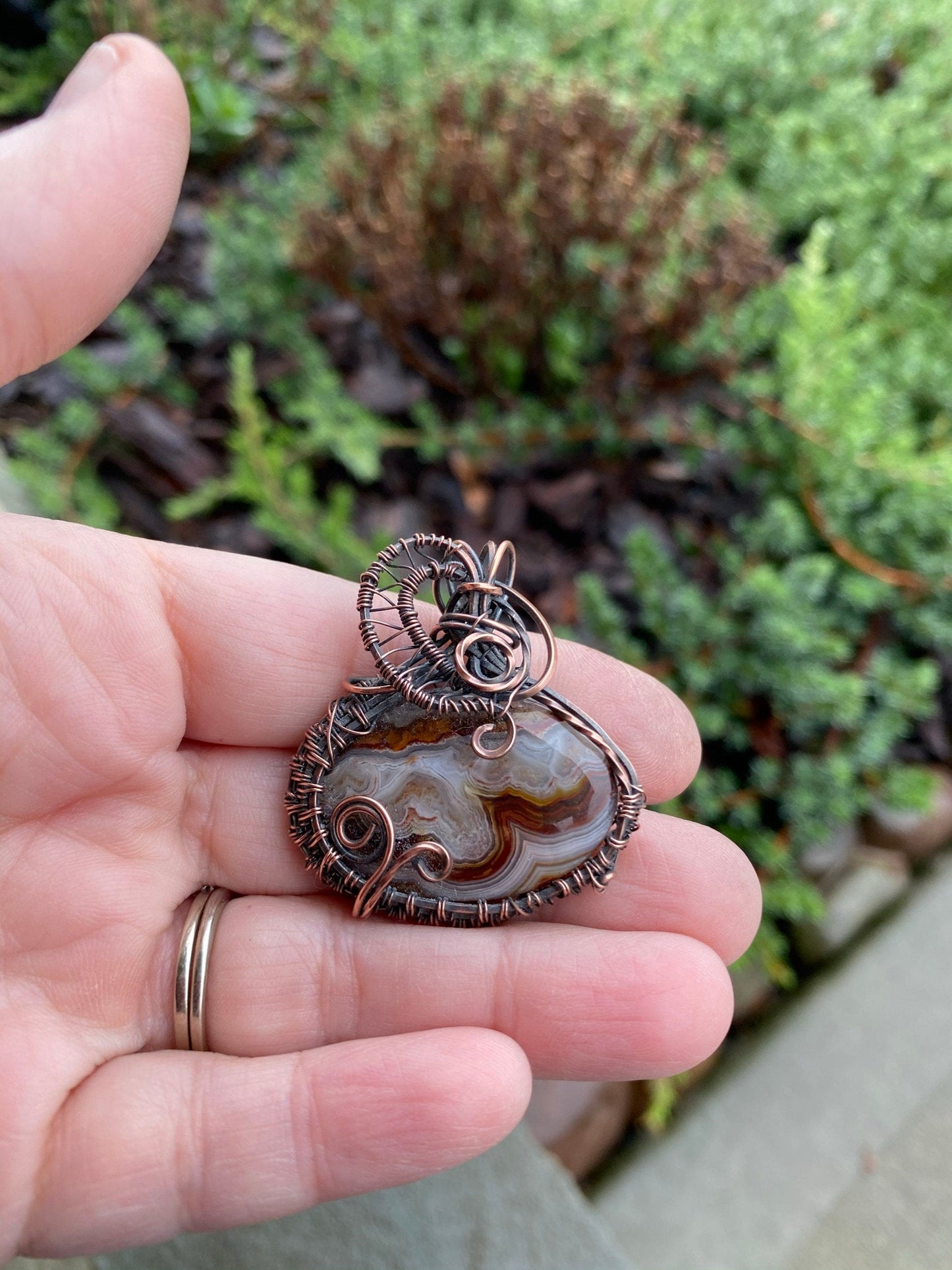 Earthy Mexican Oval Crazy Lace Agate Pendant, Wire Wrapped and Woven