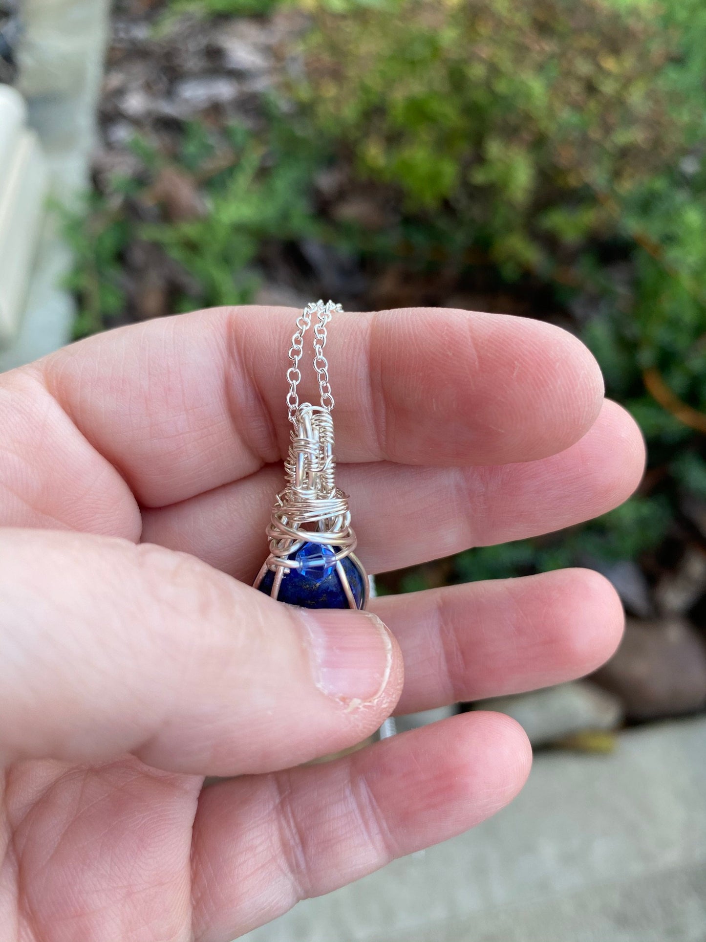 Petite Blue Agate Oval Pendant | Wire Wrapped Necklace