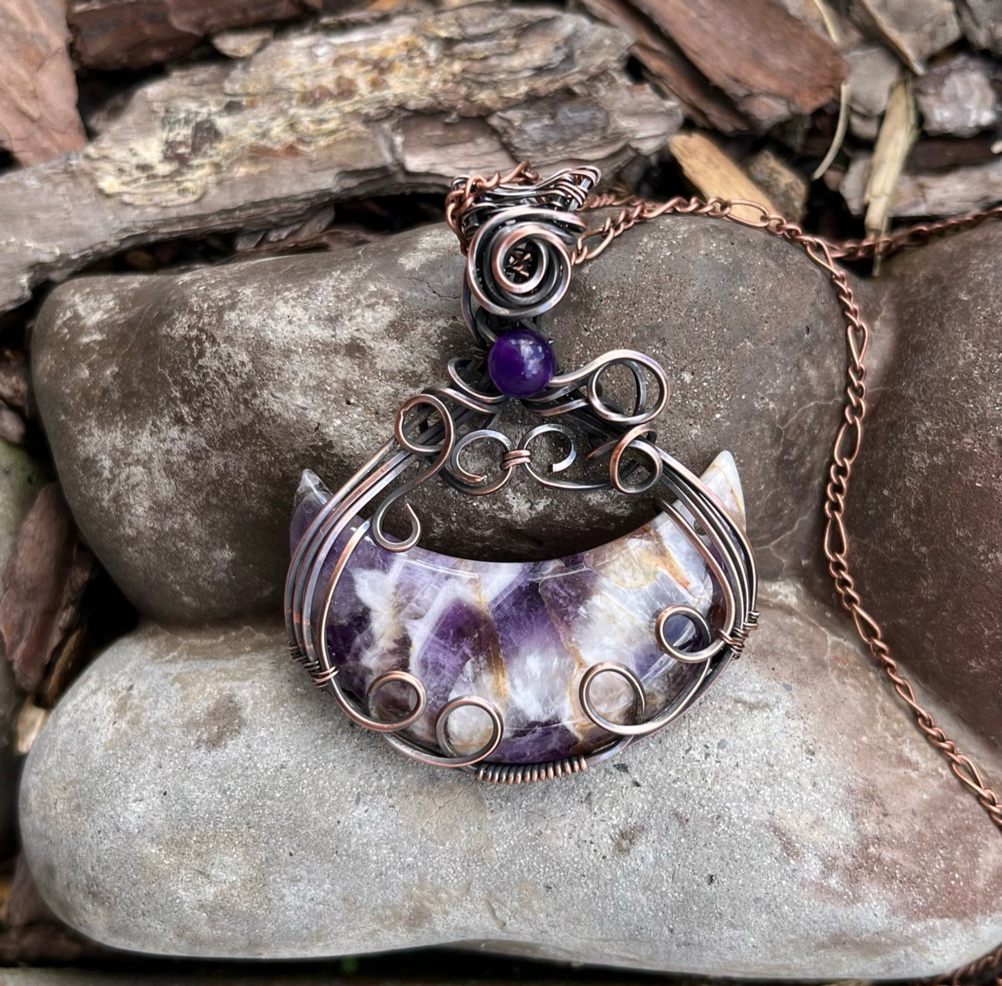 Amethyst Crescent Moon Pendant | Wire Wrapped Moon Necklace
