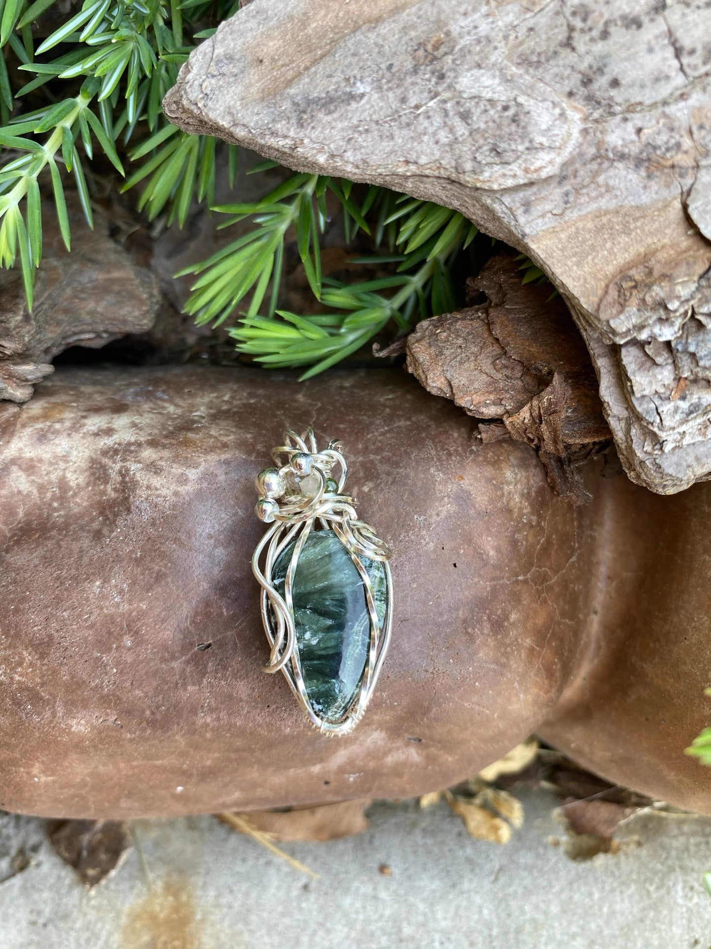 Beautiful Green Seraphinite Teardrop Wire Wrapped Pendant