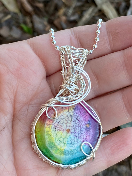 Rainbow Solar Quartz Druzy Wire Wrapped in Argentium Sterling Silver