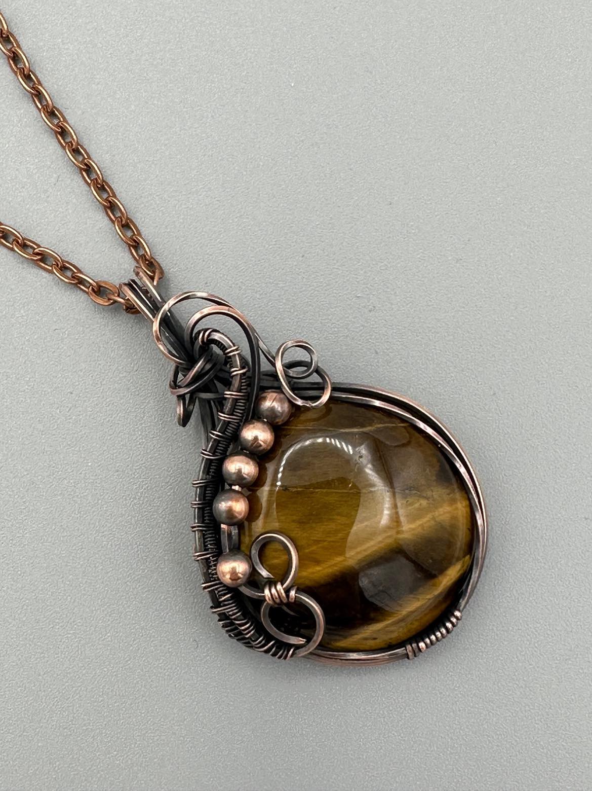 Handmade Wire Wrapped Round Tigers Eye Pendant