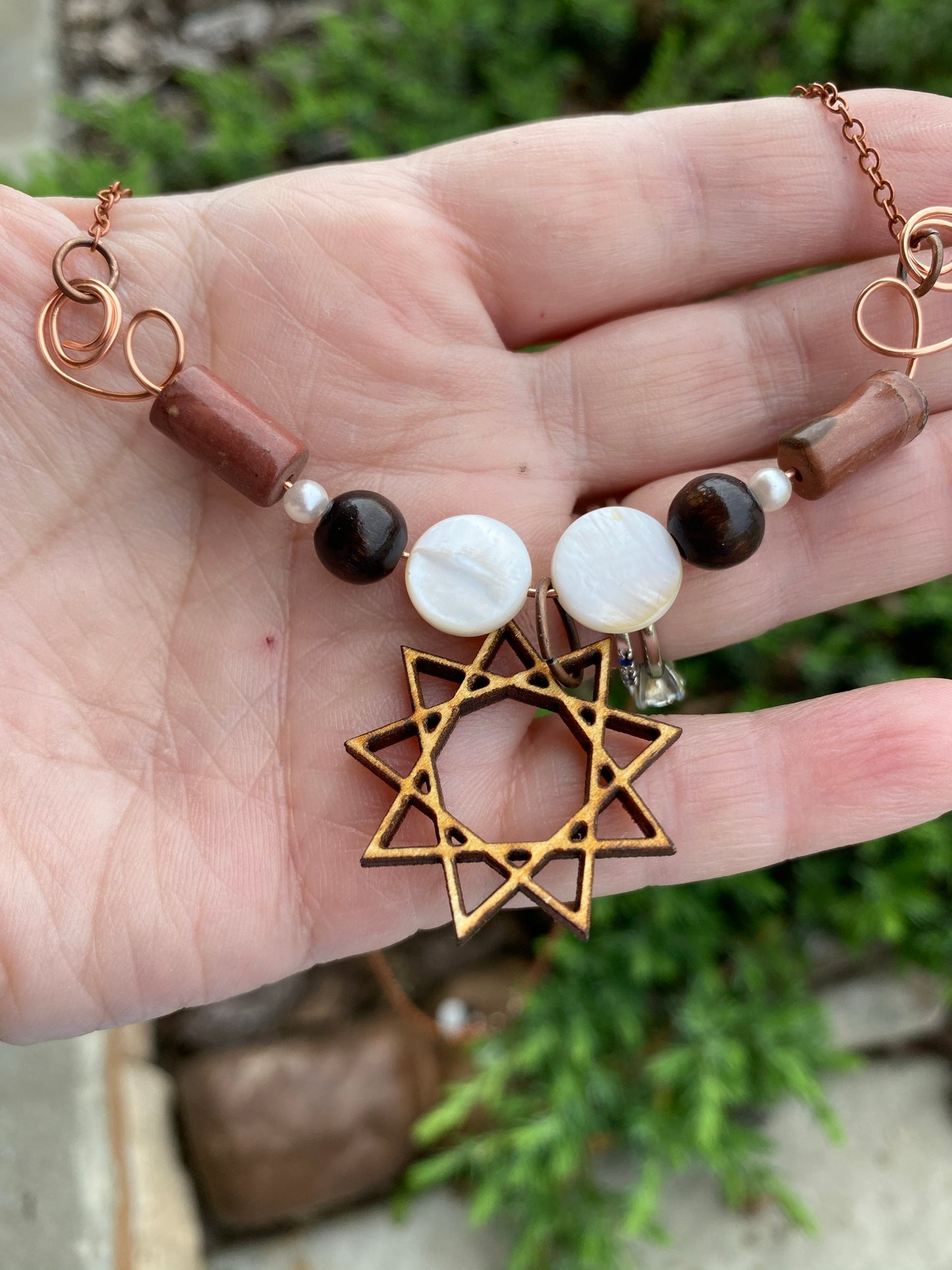Nine Pointed Star Necklace and Earring Set with Beads and Wood