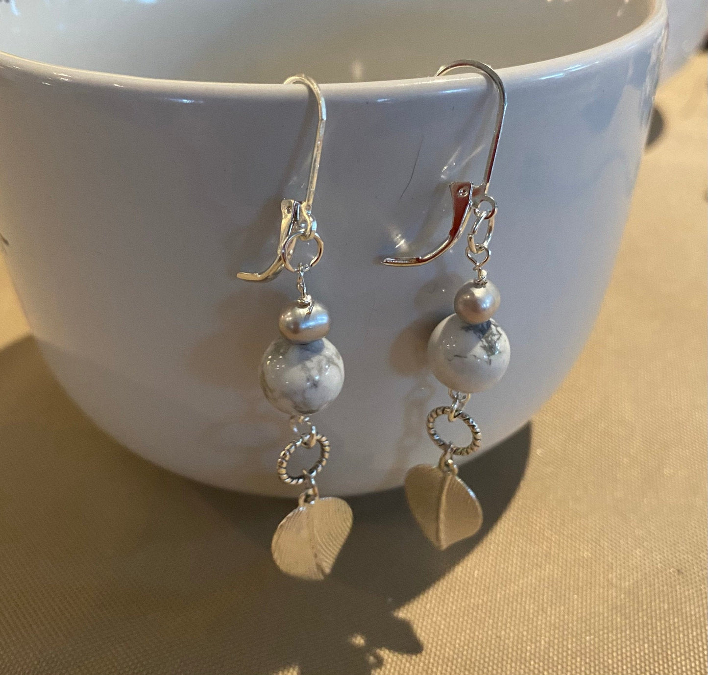 White and gray beads, freshwater pearls, silver leaves, lever hook back, earrings