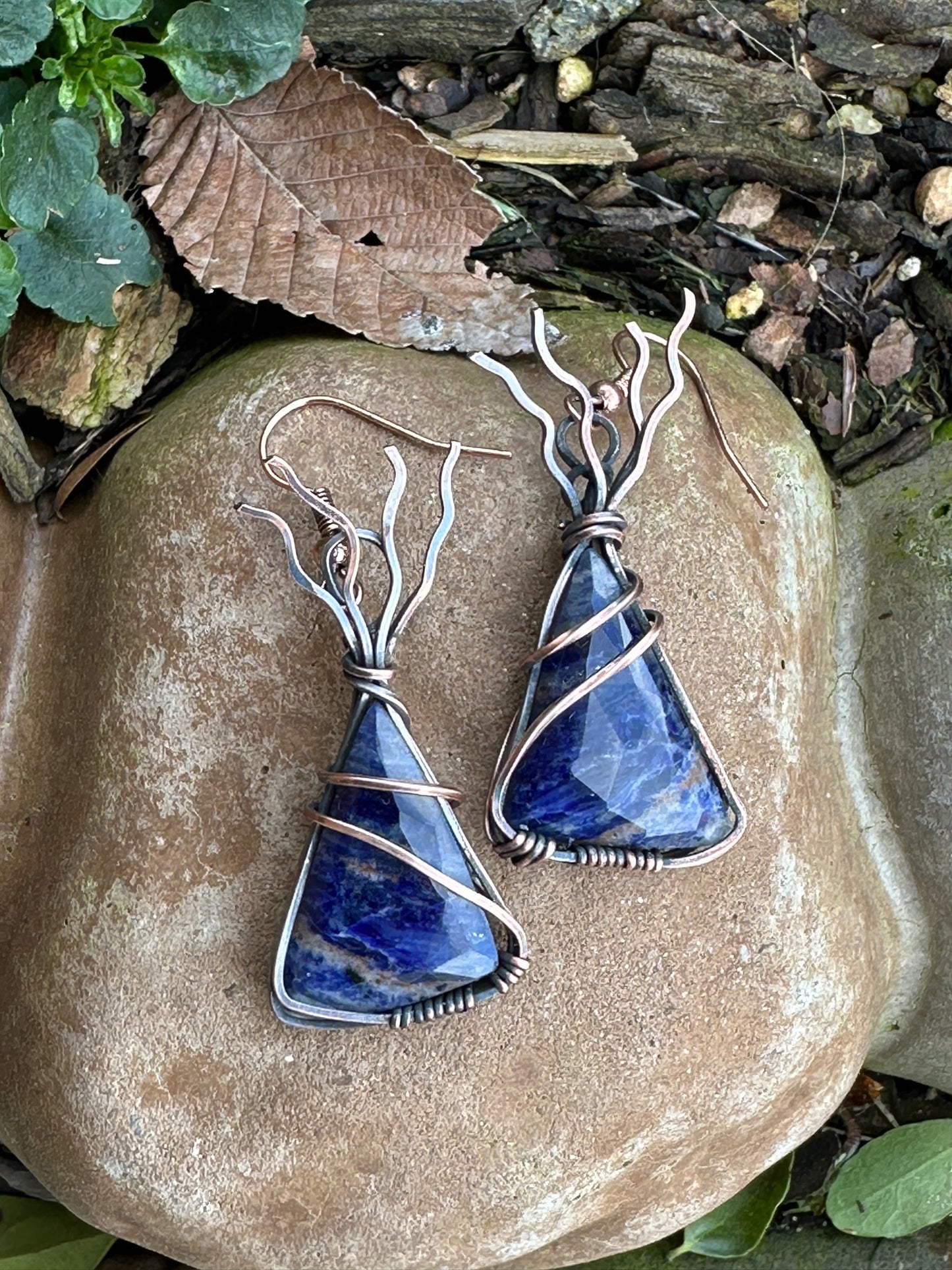 Handmade Wire Wrapped Sodalite Triangle Dangle Earrings