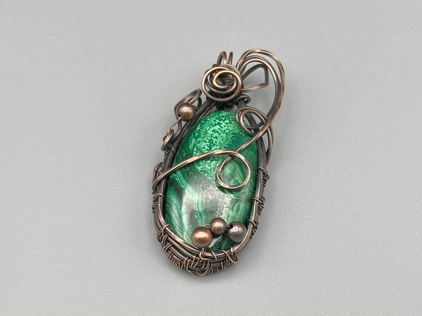 Malachite Wire Wrapped Pendant With Copper Bead Embellishments